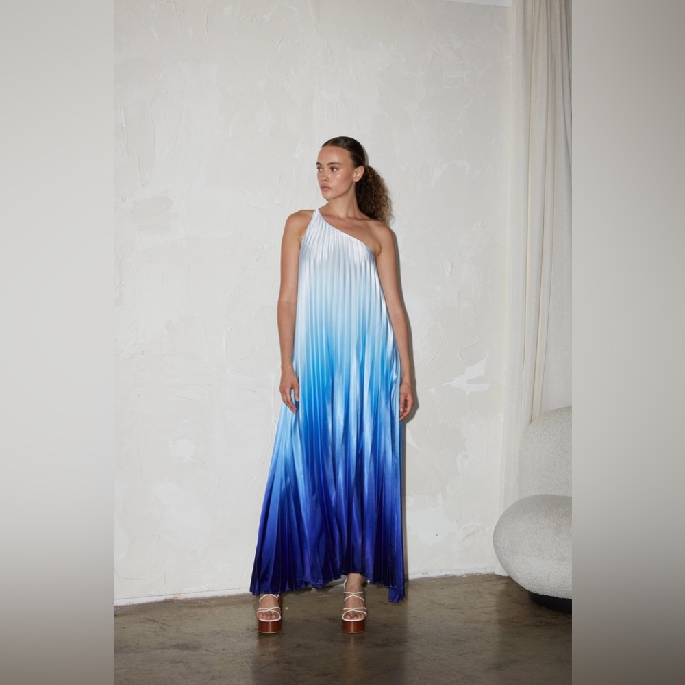 One-Shoulder Blue Ombre Asymmetrical Maxi Dress